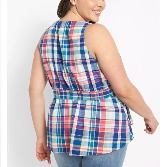 Lane Bryant Classic Surplice-Neck Belted Top 22 NEW Plaid Halter‎ Linen Cotton - Picture 8 of 14